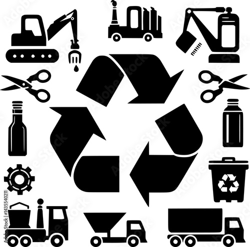 Recycling Process Icons Surrounding a Recycling Symbol