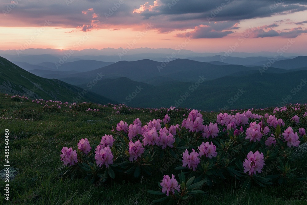 Obraz premium Beautiful, colorful pink rhododendron flowers on the mountain hill at sunset, Carpathian Mountains, Ukraine. 