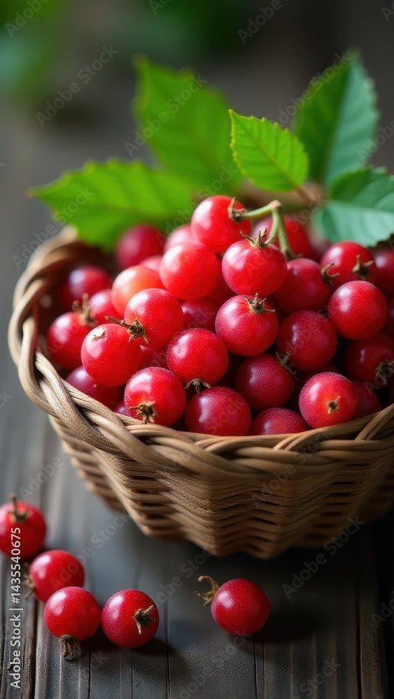 A rustic wicker basket brimming with vibrant red cherries, accented by fresh green leaves, on a wooden table A rustic wicker basket brimming with vibrant red cherries, accented by fresh green leaves, on a wooden table