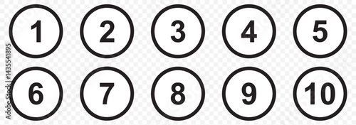 Bullet Points icon set in line style, Simple round numbers in flat style, Set of 1-10 numbers simple black symbol sign for apps, UI, and website, vector illustration on Transparent Background. EPS 10.