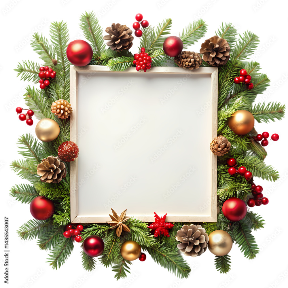 Christmas Wreath Frame Festive Holiday Background with Ornaments Pine Cones and Berries on transparent background Christmas Wreath Frame Festive Holiday Background with Ornaments Pine Cones and Berries on transparent background