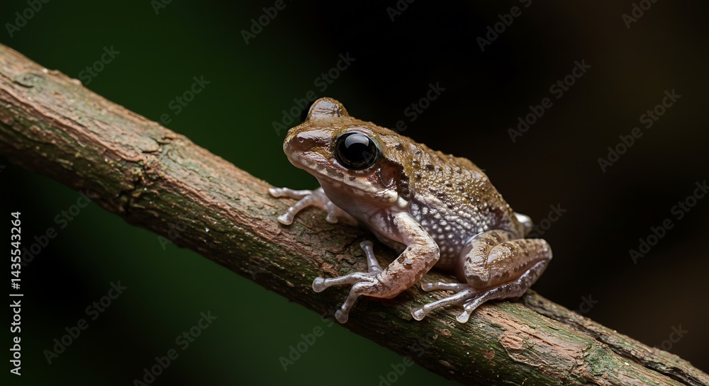 Tiny Frog on Branch: A Detailed Macro Photograph Tiny Frog on Branch: A Detailed Macro Photograph
