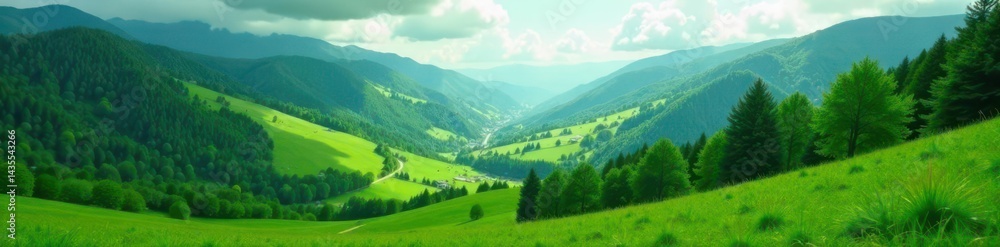 Fototapeta premium Aerial view lush green valley, soft focus background, background, peaceful, picture