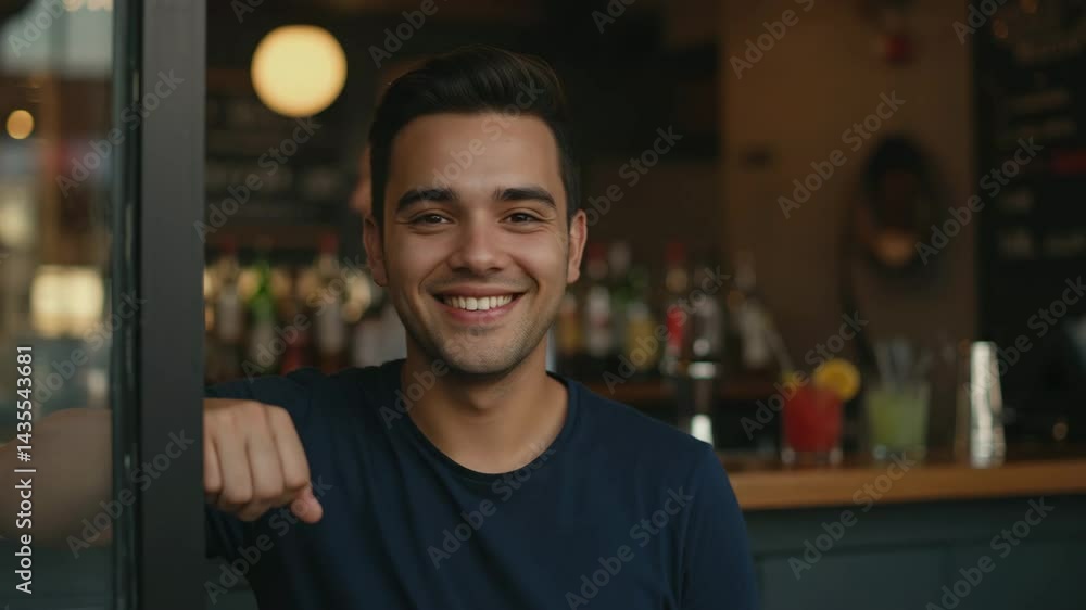 Friendly young man smiling confidently in a bar doorway against a blurred interior Friendly young man smiling confidently in a bar doorway against a blurred interior