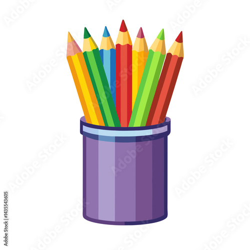 Vibrant Rainbow Striped Pencil Cup Filled with a Colorful Assortment of Sharpened Colored Pencils