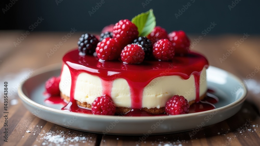 A luscious raspberry-topped cheesecake with a graham cracker crust is drizzled with vibrant red berry sauce on a white plate A luscious raspberry-topped cheesecake with a graham cracker crust is drizzled with vibrant red berry sauce on a white plate