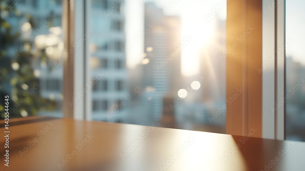 Fototapeta premium Empty Wooden Table With City Sunrise View Through Office Window