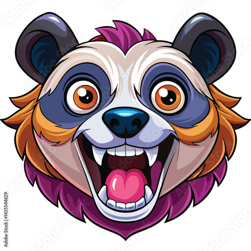 Cartoon panda head with vibrant colors and a wide open mouth