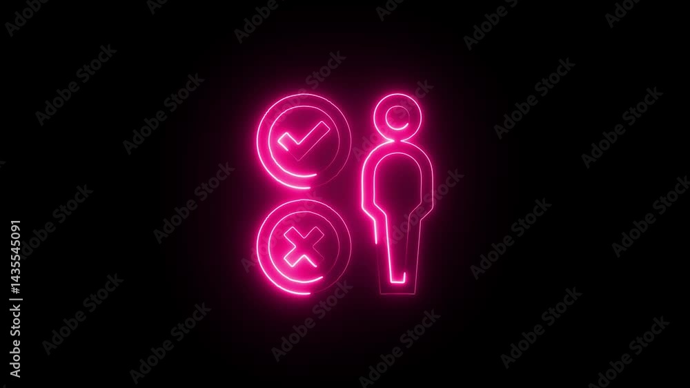 Person icon with pink neon glow accept and decline options on black Person icon with pink neon glow accept and decline options on black
