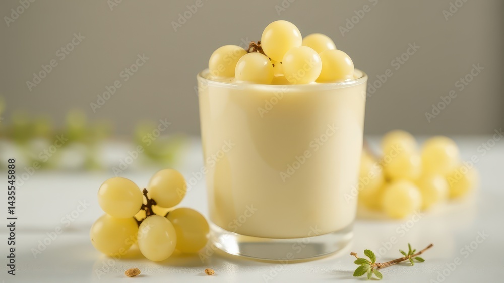 A creamy glass of custard dessert garnished with yellow fruit and crumbs, surrounded by fresh golden berries on a light surface A creamy glass of custard dessert garnished with yellow fruit and crumbs, surrounded by fresh golden berries on a light surface
