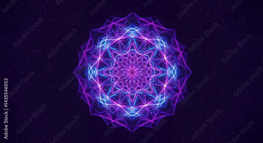 Glowing Mandala Pattern Against Starry Space Background with Violet Light
