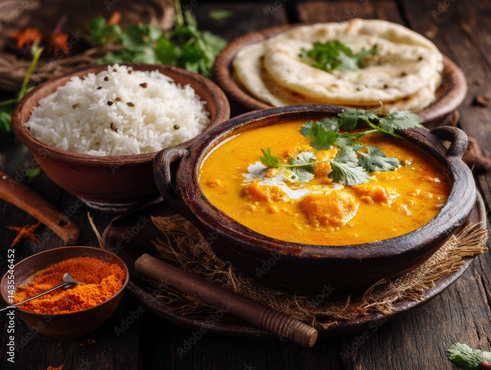 Traditional Indian Pumpkin Curry with Spices and Coconut Milk in Clay Bowl Traditional Indian Pumpkin Curry with Spices and Coconut Milk in Clay Bowl