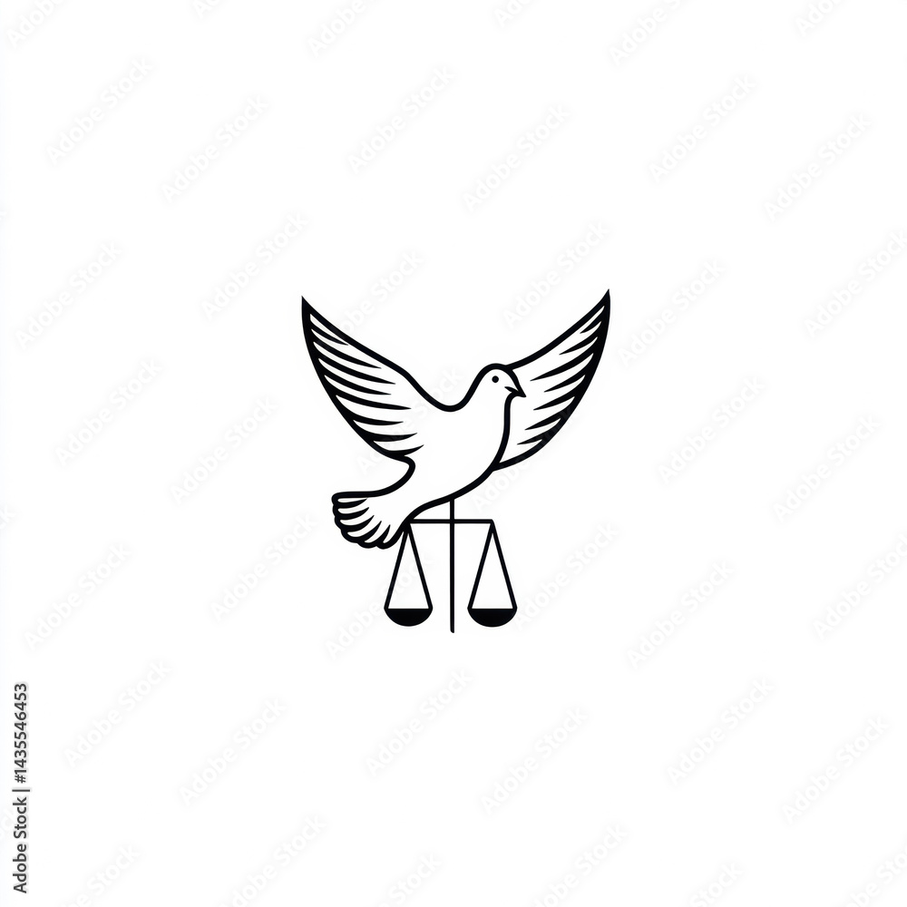 Obraz premium Black and White Dove Illustration with Scales of Justice