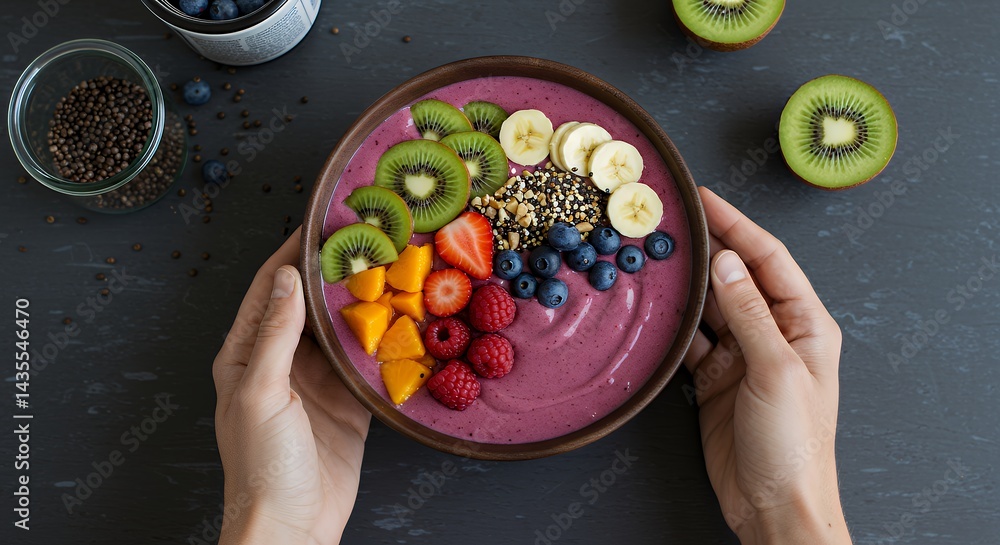 Holding Healthy Smoothie Bowl Topped with Colorful Fresh Fruits