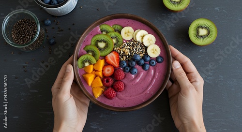 Obraz na płótnie Holding Healthy Smoothie Bowl Topped with Colorful Fresh Fruits w salonie