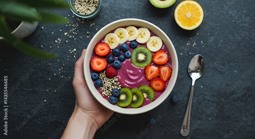 Holding Healthy Smoothie Bowl Topped with Fresh Fruit and Seeds