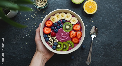 Obraz na płótnie Holding Healthy Smoothie Bowl Topped with Fresh Fruit and Seeds w salonie