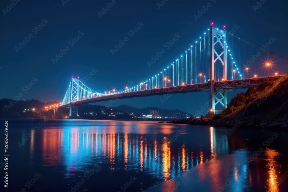 Naklejka premium Night bridge light trails reflecting on water, bridge, speed