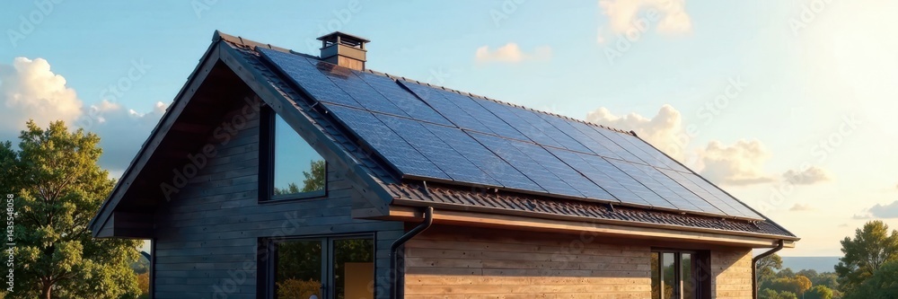 Fototapeta premium Sleek solar panels seamlessly integrated into modern gable roof design, modern, solar installation