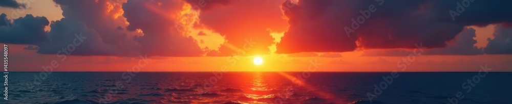 Obraz premium Sun dips below horizon, ocean calm, fiery sky, horizon, orange, peaceful
