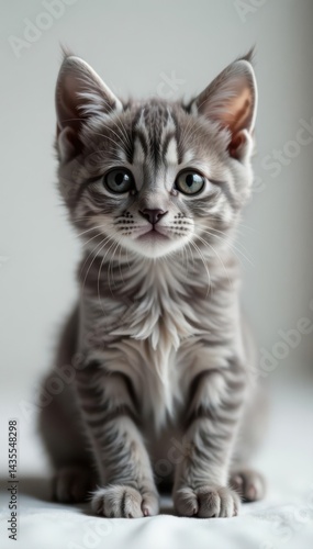 Sweet gray kitten sitting, soft fur, clean background , animal, cute animals, cat