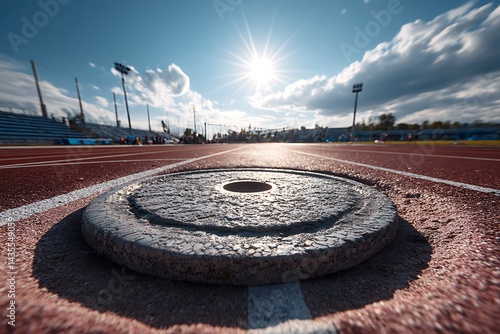 A track and field shot put circle with clear skies, showcasing a robust style in an outdoor setting.