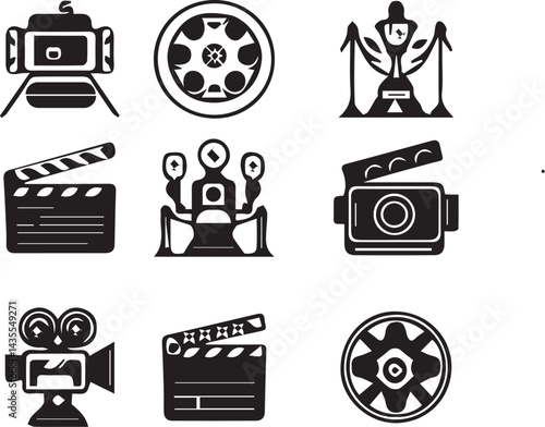 Movie and Film industry Icon Set  i.e. Camera, Clapperboard, Award, Reel.