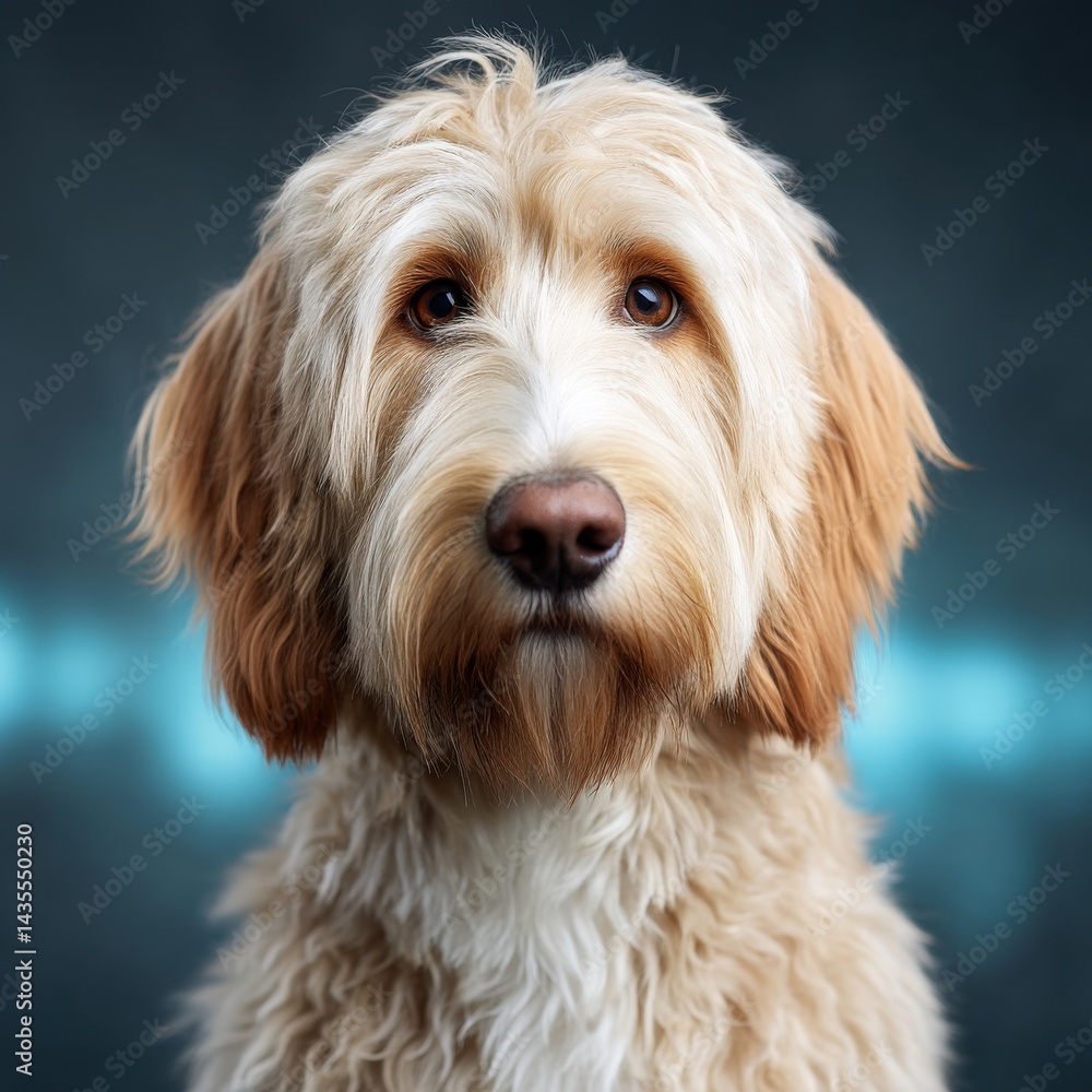 Light colored doodle dog looking directly at camera with friendly open mouth and soft fur texture in bright indoor environment creating joyful and calm pet atmosphere Light colored doodle dog looking directly at camera with friendly open mouth and soft fur texture in bright indoor environment creating joyful and calm pet atmosphere