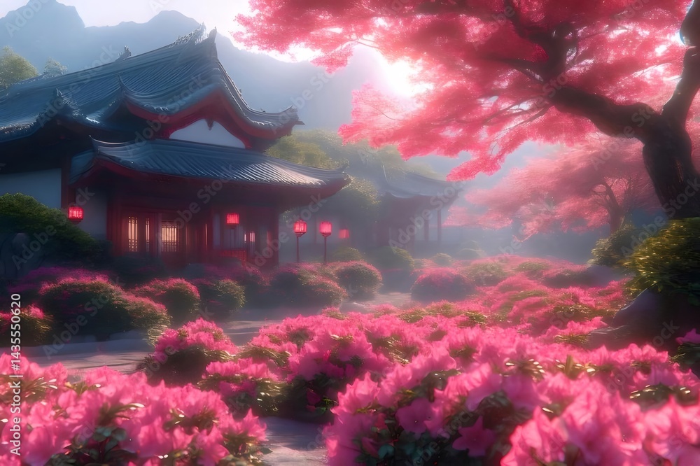 ピンクの花咲く庭園と伝統的な建物 春の光の中を照らす鮮やかな風景 ピンクの花咲く庭園と伝統的な建物 春の光の中を照らす鮮やかな風景