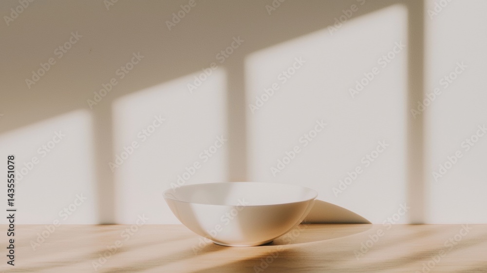 Obraz premium A white bowl sits on a wooden table, casting a shadow on the wall behind it.
