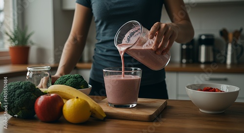 Pouring Fruity Smoothie Into Glass with Fresh Fruit and Vegetables