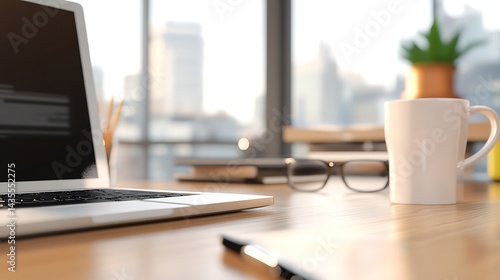 Wallpaper Mural Modern Workspace Laptop, Coffee Mug and City View Torontodigital.ca