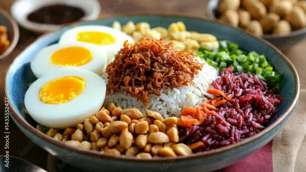 Delicious Nasi Lemak Bowl: A vibrant and flavorful Malaysian Rice dish with hard-boiled eggs, peanuts, crispy anchovies, and colorful vegetables. Delicious Nasi Lemak Bowl: A vibrant and flavorful Malaysian Rice dish with hard-boiled eggs, peanuts, crispy anchovies, and colorful vegetables.