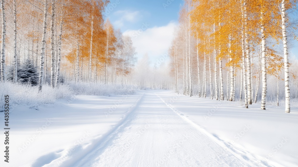Obraz premium Winter wonderland pathway through a birch forest