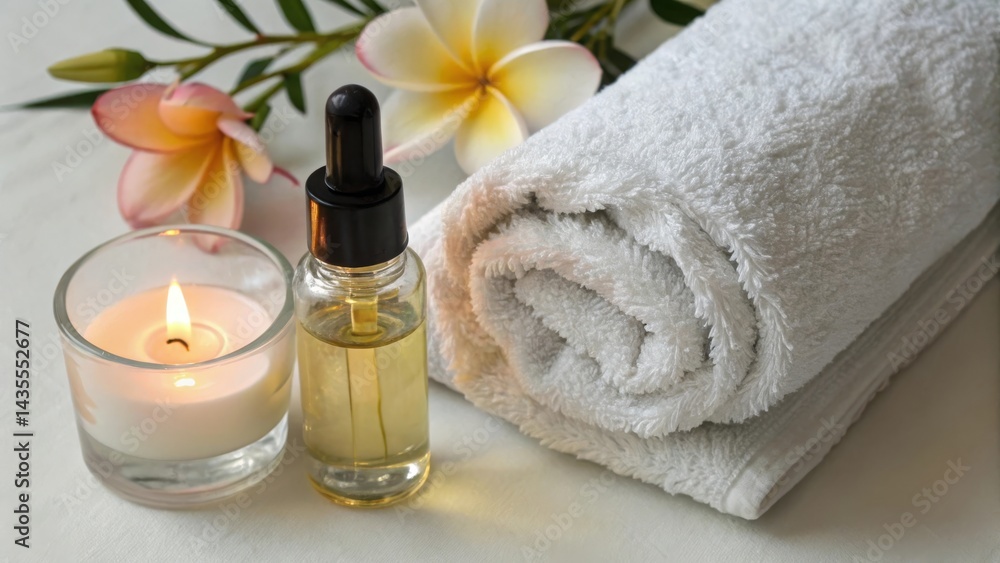 Relaxing spa setup with candles, essential oil, and towels. Relaxing spa setup with candles, essential oil, and towels.