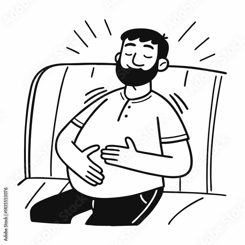 Adult man touching his belly with relieved expression