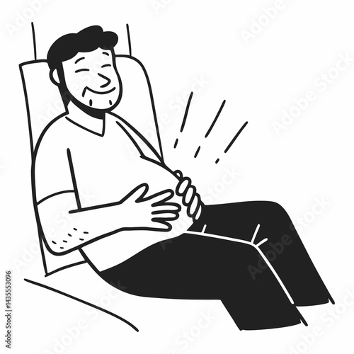 Adult man touching his belly with relieved expression