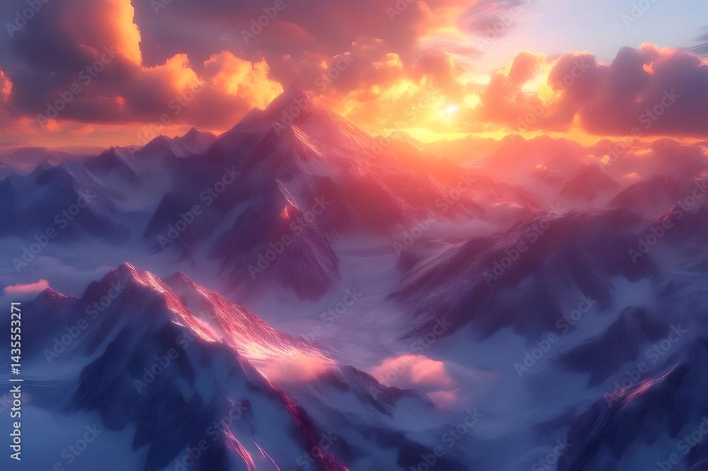 雪山と夕焼けの鮮やかな風景 オレンジ色の空と雲 海抜の高い山々のシルエット 雪山と夕焼けの鮮やかな風景 オレンジ色の空と雲 海抜の高い山々のシルエット