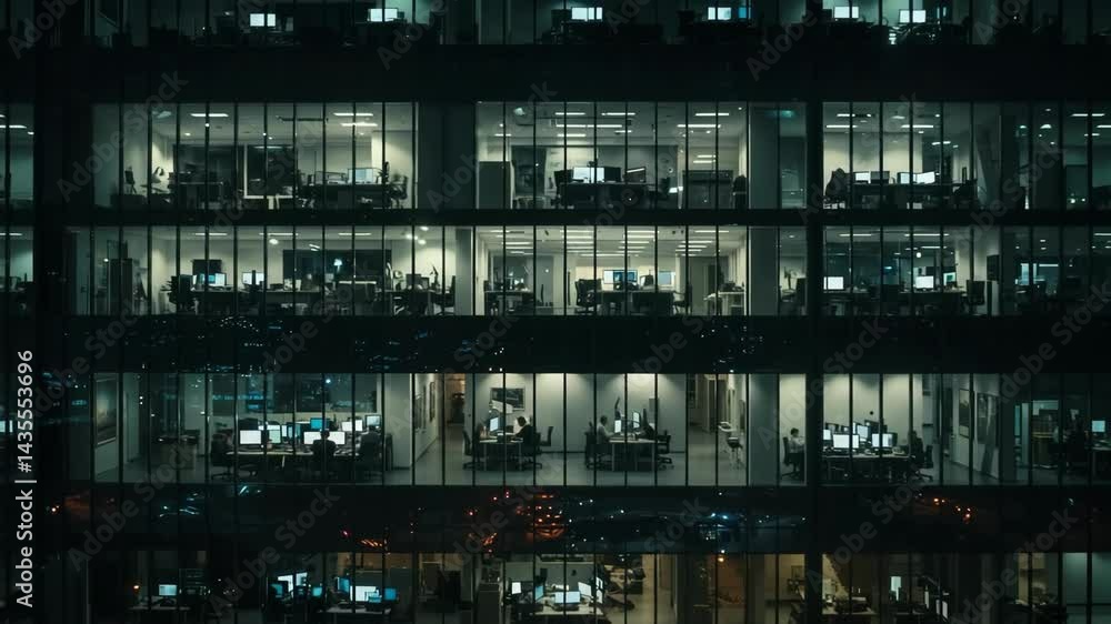 Timelapse People Working Late in Corporate Building at Night, Perfect for Illustrating Overtime, Business Hustle, Urban Office Life, and Corporate Work Culture. Timelapse People Working Late in Corporate Building at Night, Perfect for Illustrating Overtime, Business Hustle, Urban Office Life, and Corporate Work Culture.