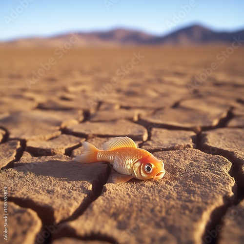 Orange Goldfish on Cracked Desert Earth Under Bright Sunlight