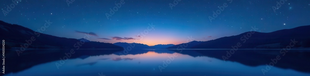 Fototapeta premium Clear night, countless stars above tranquil lake surface, celestial, universe, dark blue
