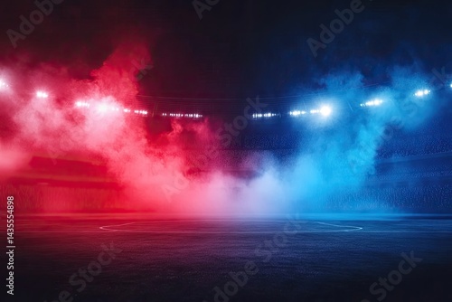 Empty stadium arena lit by vibrant red and blue spotlights, filled with smoky atmosphere
