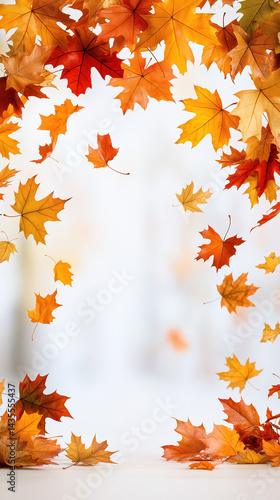 Colorful autumn leaves falling in a bright and cozy setting