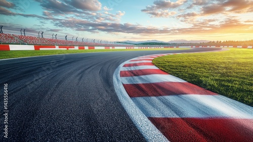 Asphalt race track curve at sunset