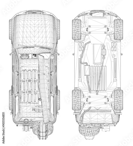 A drawing of a car with a lot of detail. The car is a Jeep Wrangler. The drawing is in black and white. Top, bottom view
