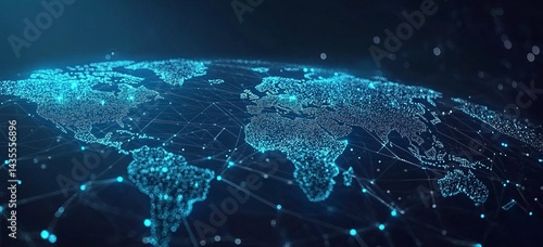 Abstract blue background with a world map and global network connection, a technology wallpaper for business or internet concept design. Vector illustration of a planet Earth globe with a polygonal
