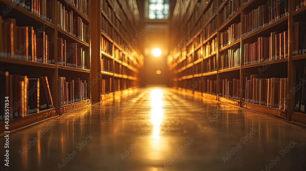 Serene library aisle with tall bookshelves and warm sunlight, creating a calm reading environment. Serene library aisle with tall bookshelves and warm sunlight, creating a calm reading environment.