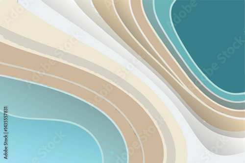 Curved paper waves and beach seacoast design. Abstract blue summer background for banner, flyer, invitation, poster, or website. Paper cut-out vector art with text space.