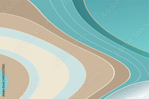 Paper cut-out style summer beach background with curved blue waves. Ideal for banners, flyers, posters, invitations, or websites. Abstract vector illustration with room for text.