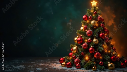 Opulent Christmas tree, richly adorned with red and gold baubles and gleaming lights , baubles, traditional photo